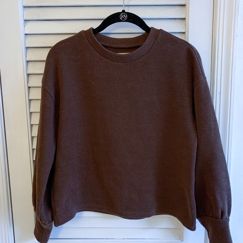 Madewell Brown Ribbed Balloon Sleeve Sweater | Cozy Fall Knit Pullover | Size XS